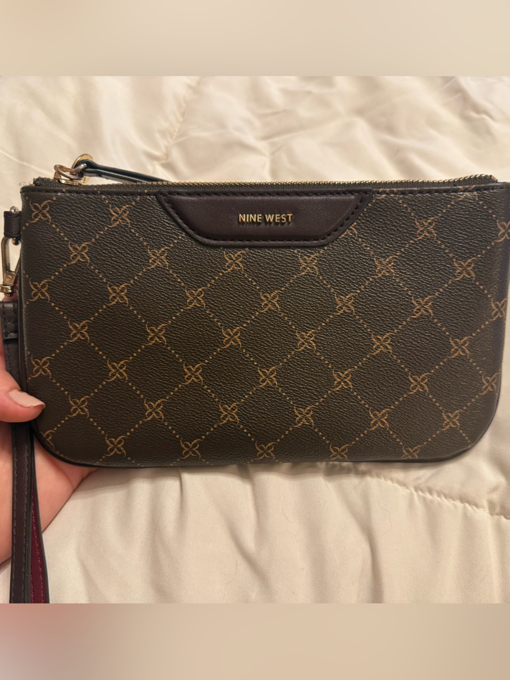 Nine West Brown and Tan Monogram Wristlet Clutch